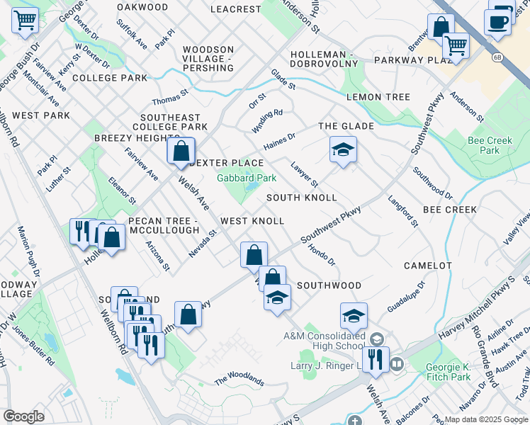 map of restaurants, bars, coffee shops, grocery stores, and more near 1502 Medina Drive in College Station