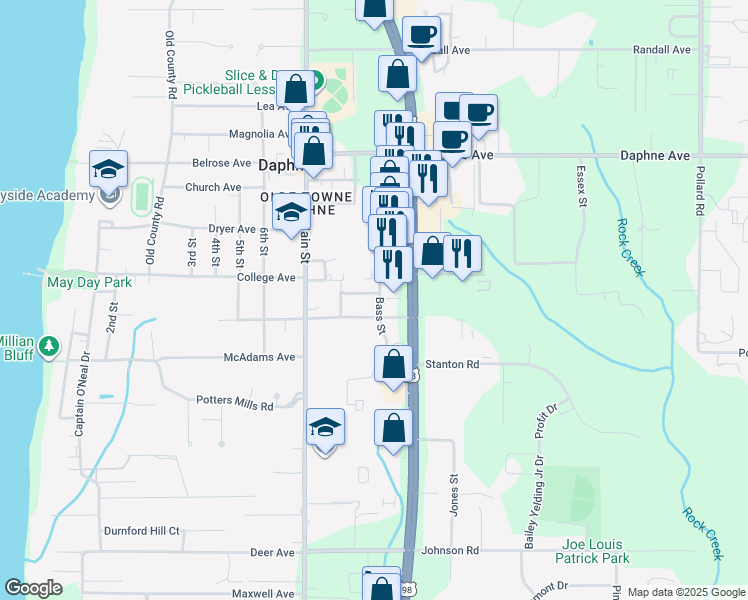 map of restaurants, bars, coffee shops, grocery stores, and more near 910 Bonita Ave in Daphne