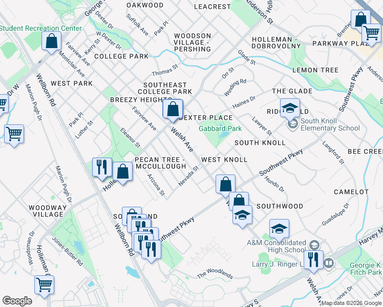 map of restaurants, bars, coffee shops, grocery stores, and more near 701 Chalet Court in College Station