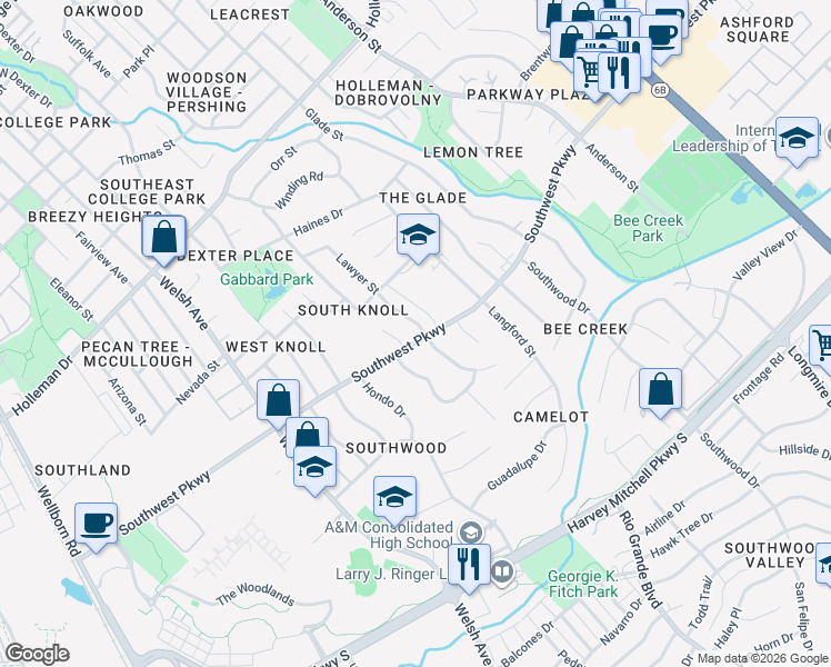 map of restaurants, bars, coffee shops, grocery stores, and more near 1714 Lawyer Street in College Station