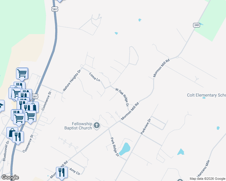 map of restaurants, bars, coffee shops, grocery stores, and more near 806b West Oak Ridge Drive in Marble Falls