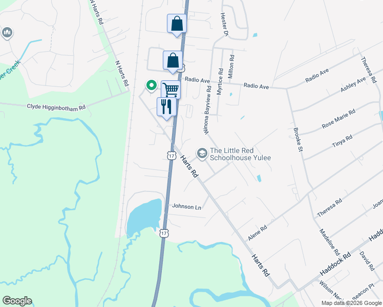 map of restaurants, bars, coffee shops, grocery stores, and more near 85276 Harts Road in Yulee