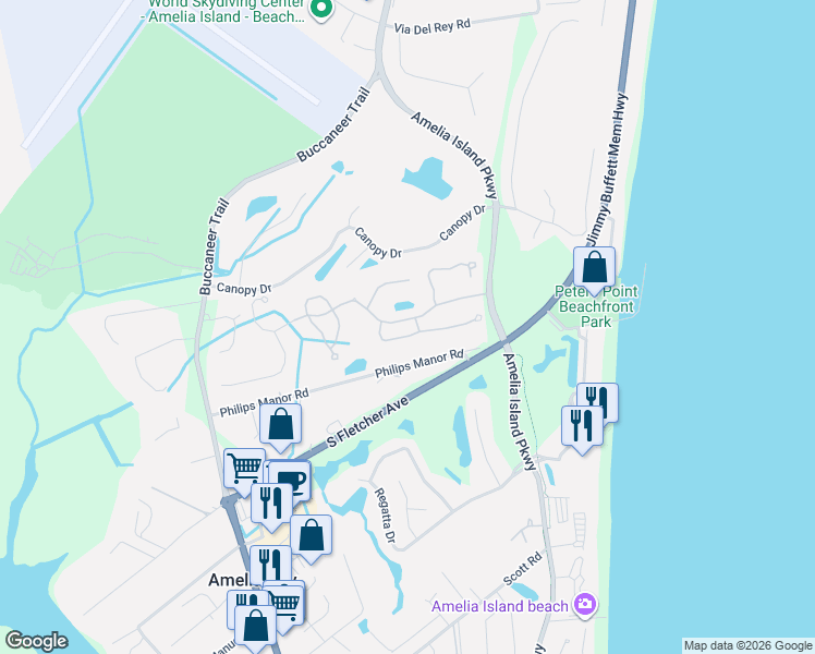 map of restaurants, bars, coffee shops, grocery stores, and more near 95169 Willet Way in Fernandina Beach