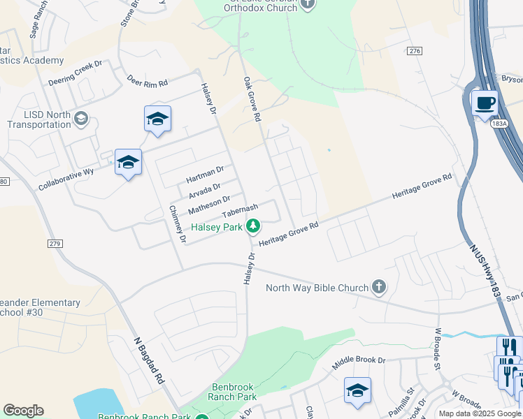 map of restaurants, bars, coffee shops, grocery stores, and more near 1729 Erie Drive in Leander