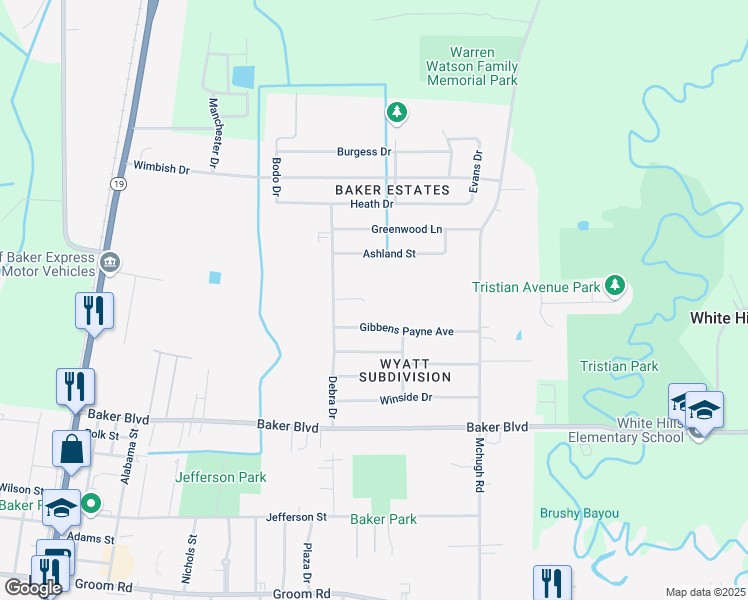 map of restaurants, bars, coffee shops, grocery stores, and more near 2206 Debra Drive in Baker