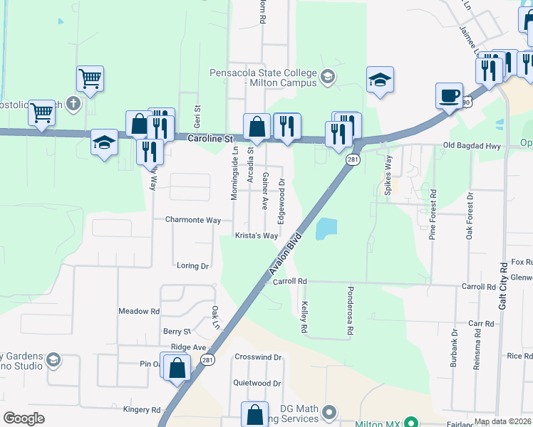 map of restaurants, bars, coffee shops, grocery stores, and more near 4485 Gainer Avenue in Milton