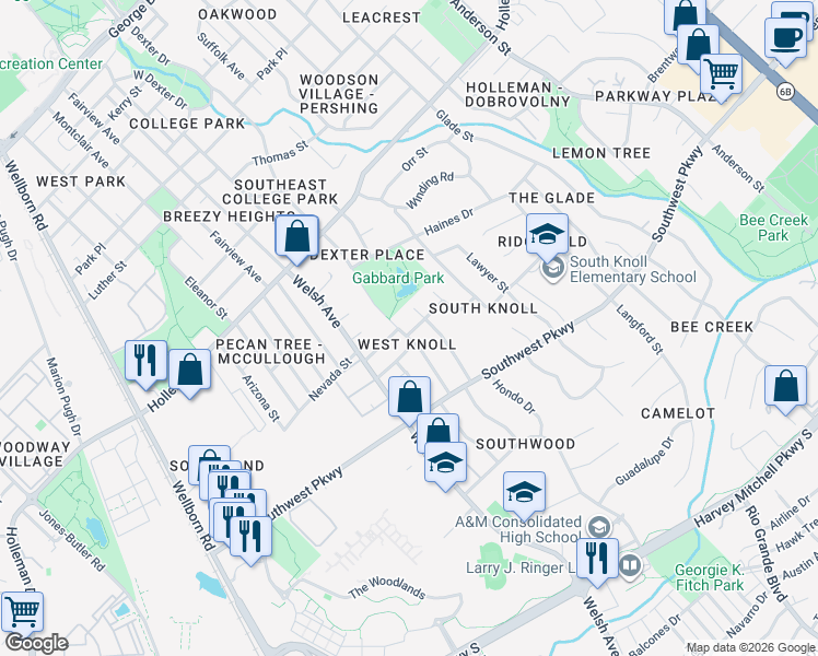 map of restaurants, bars, coffee shops, grocery stores, and more near 1502 Medina Drive in College Station