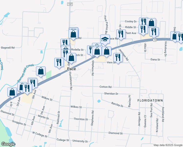 map of restaurants, bars, coffee shops, grocery stores, and more near 4454 Nobility Court in Pace