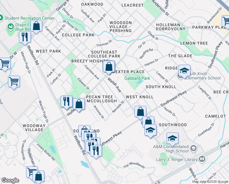 map of restaurants, bars, coffee shops, grocery stores, and more near 1138 Georgia Street in College Station