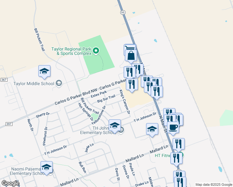 map of restaurants, bars, coffee shops, grocery stores, and more near 506 Big Sur Trail in Taylor
