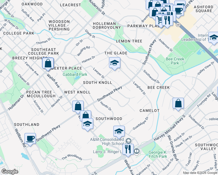 map of restaurants, bars, coffee shops, grocery stores, and more near 1714 Lawyer Street in College Station