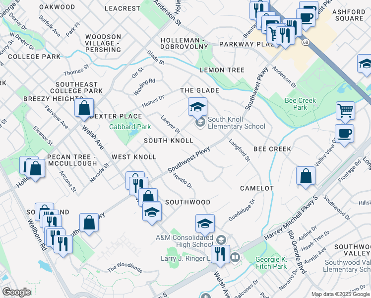 map of restaurants, bars, coffee shops, grocery stores, and more near 1704 Trinity Place in College Station