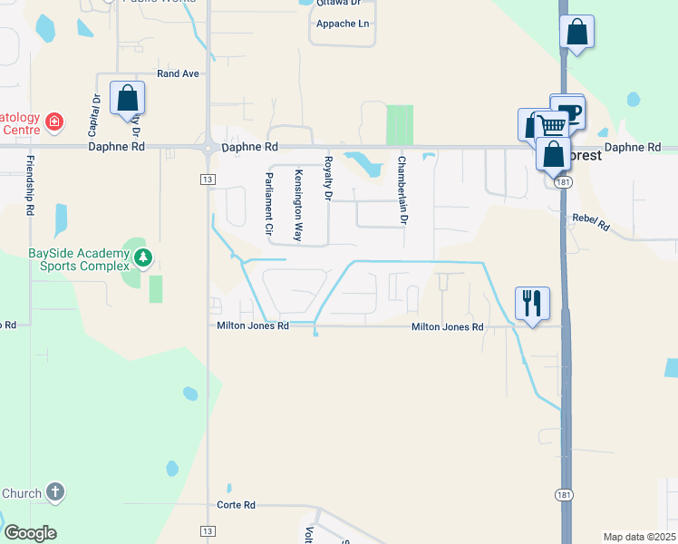 map of restaurants, bars, coffee shops, grocery stores, and more near 9381 Sable Court in Daphne