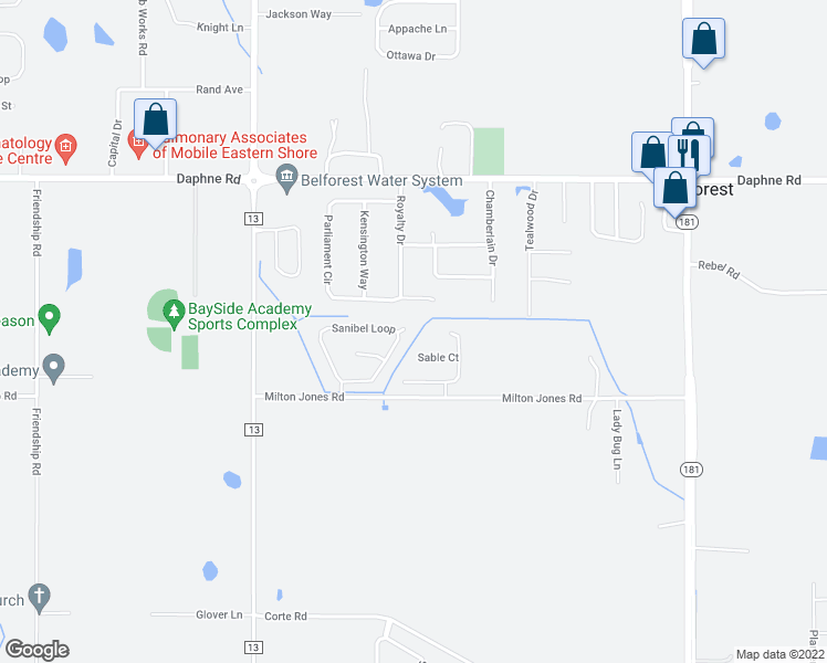 map of restaurants, bars, coffee shops, grocery stores, and more near 9352 Bascayne Circle in Daphne