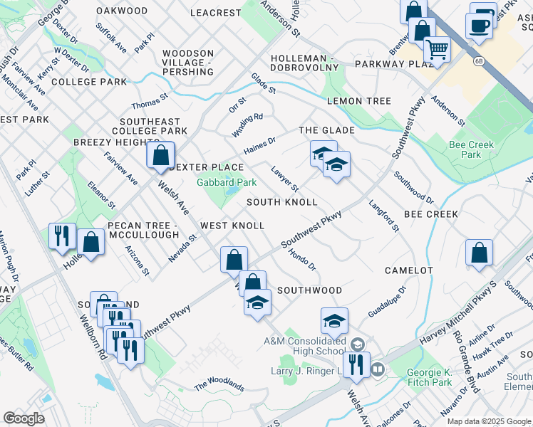 map of restaurants, bars, coffee shops, grocery stores, and more near 1601 Medina Drive in College Station