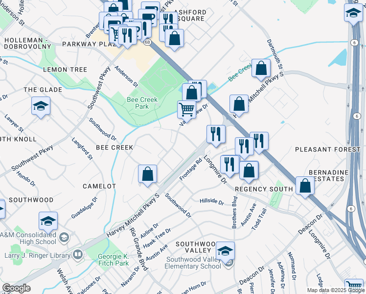 map of restaurants, bars, coffee shops, grocery stores, and more near 200 Longmire Drive in College Station