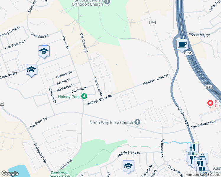map of restaurants, bars, coffee shops, grocery stores, and more near 550 Heritage Grove Road in Leander