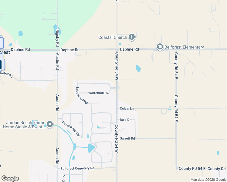 map of restaurants, bars, coffee shops, grocery stores, and more near 25543 County Road 54 West in Daphne