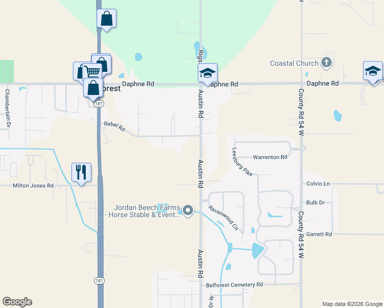 map of restaurants, bars, coffee shops, grocery stores, and more near 25641 Austin Rd in Daphne
