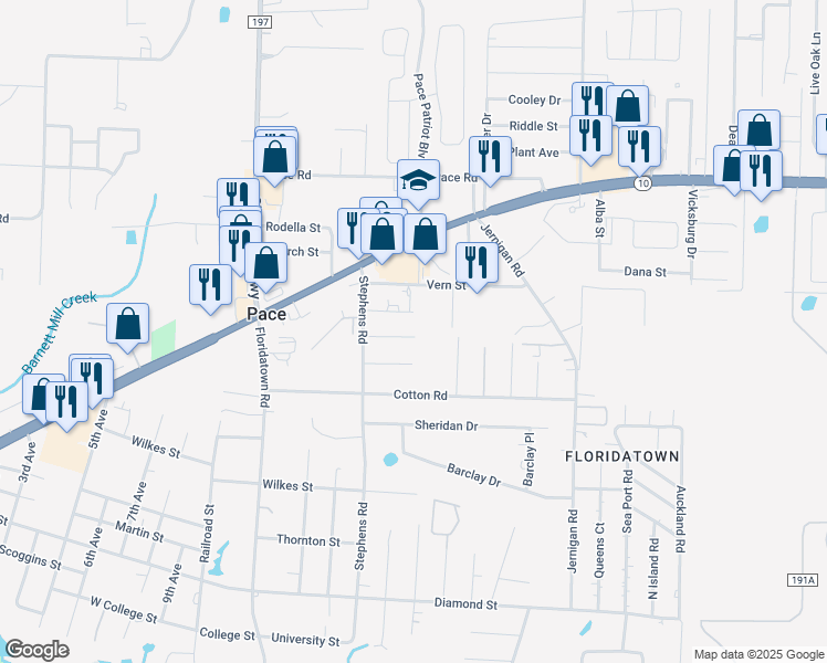 map of restaurants, bars, coffee shops, grocery stores, and more near 4028 Florence Street in Pace