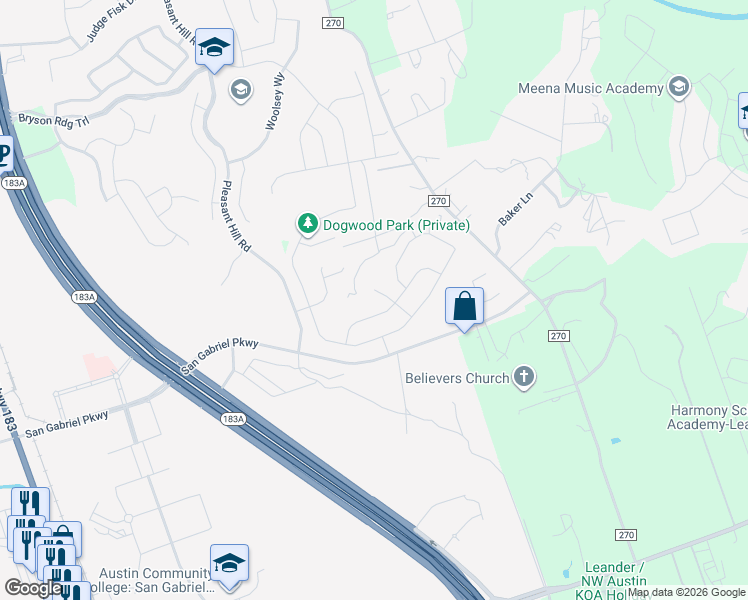 map of restaurants, bars, coffee shops, grocery stores, and more near 1217 Toyah Drive in Leander