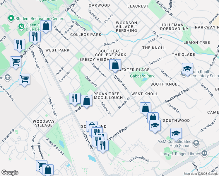 map of restaurants, bars, coffee shops, grocery stores, and more near 1115 Carolina Street in College Station