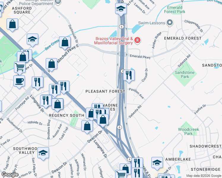 map of restaurants, bars, coffee shops, grocery stores, and more near 3108 Pleasant Grove Drive in College Station