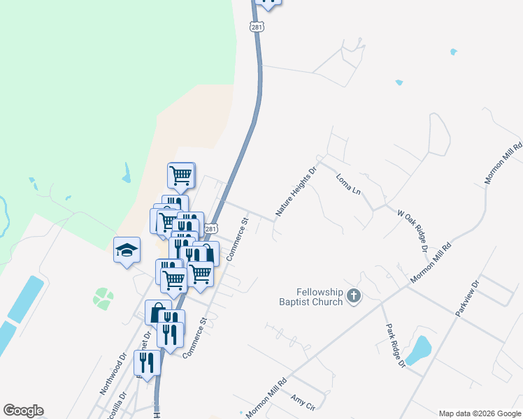 map of restaurants, bars, coffee shops, grocery stores, and more near 337 Nature Heights Drive in Marble Falls