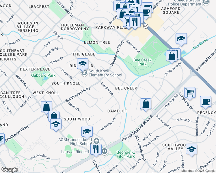 map of restaurants, bars, coffee shops, grocery stores, and more near 1819 Langford Street in College Station