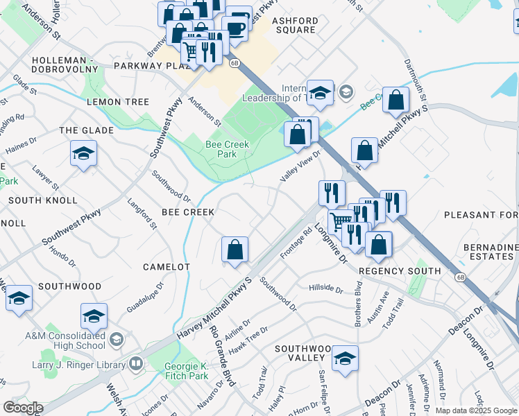 map of restaurants, bars, coffee shops, grocery stores, and more near 2010 Angelina Court in College Station