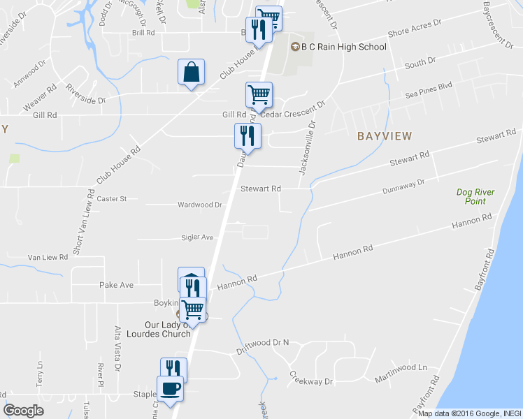 map of restaurants, bars, coffee shops, grocery stores, and more near 1416 Elwood Drive in Mobile