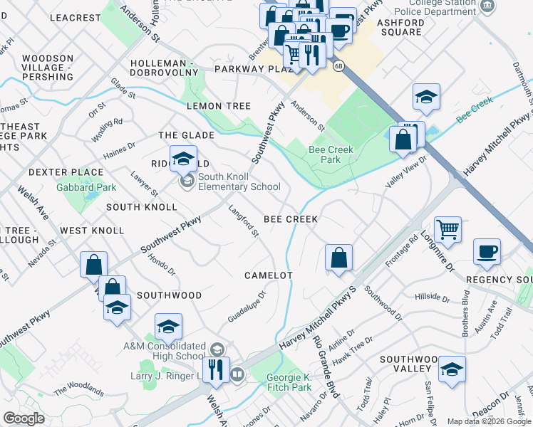 map of restaurants, bars, coffee shops, grocery stores, and more near 1819 Langford Street in College Station