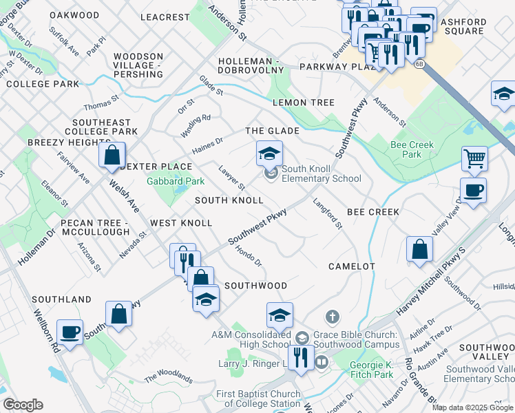 map of restaurants, bars, coffee shops, grocery stores, and more near 1706 Lawyer Street in College Station