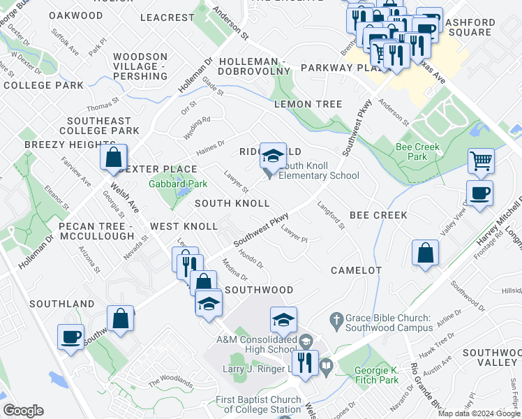 map of restaurants, bars, coffee shops, grocery stores, and more near 1714 Lawyer Street in College Station