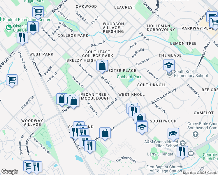 map of restaurants, bars, coffee shops, grocery stores, and more near 1134 Georgia Street in College Station