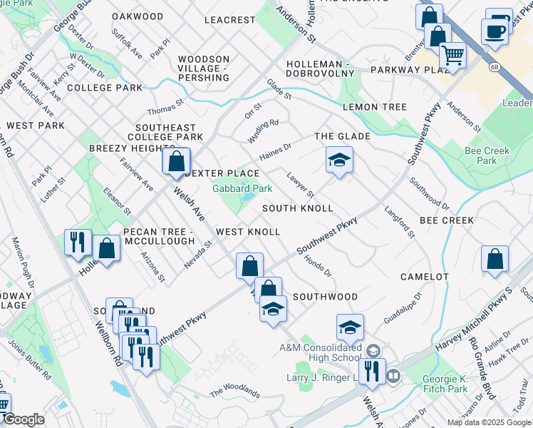 map of restaurants, bars, coffee shops, grocery stores, and more near 1502 Medina Drive in College Station
