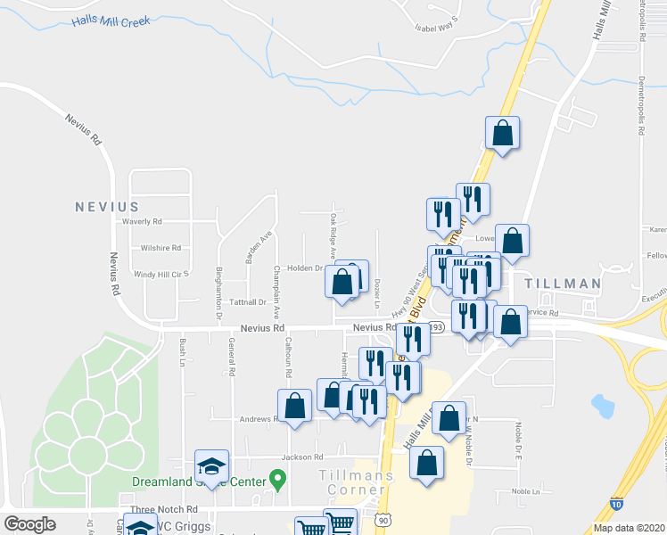 map of restaurants, bars, coffee shops, grocery stores, and more near Oak Ridge Avenue in Mobile