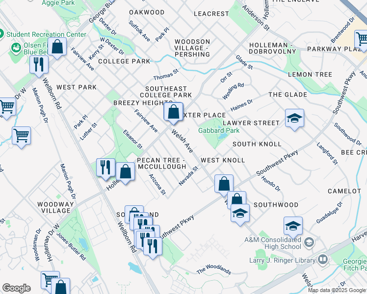 map of restaurants, bars, coffee shops, grocery stores, and more near 1134 Georgia Street in College Station