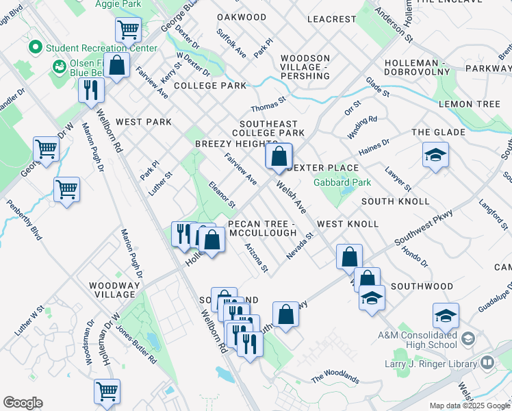 map of restaurants, bars, coffee shops, grocery stores, and more near 1115 Carolina Street in College Station