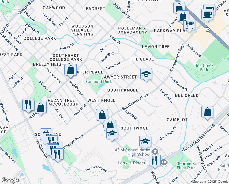 map of restaurants, bars, coffee shops, grocery stores, and more near 1504 Gunsmith Street in College Station