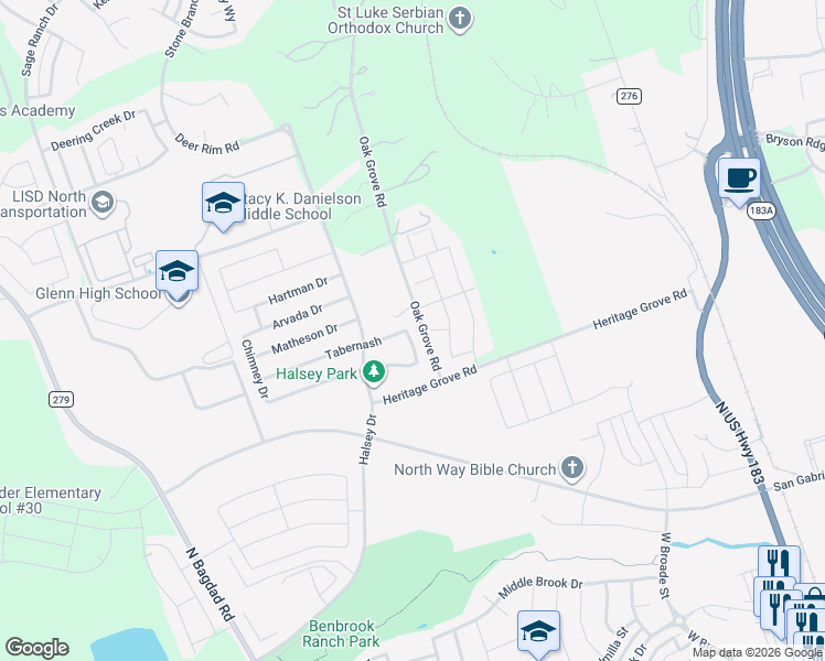 map of restaurants, bars, coffee shops, grocery stores, and more near 1729 Erie Drive in Leander