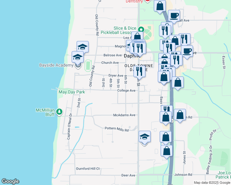 map of restaurants, bars, coffee shops, grocery stores, and more near 604 College Avenue in Daphne