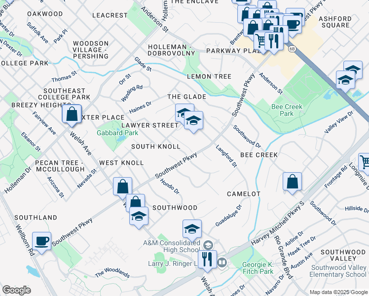 map of restaurants, bars, coffee shops, grocery stores, and more near 1714 Lawyer Street in College Station