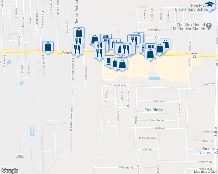 map of restaurants, bars, coffee shops, grocery stores, and more near 4721 Ashley Place Boulevard in Pace