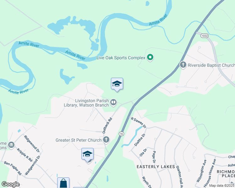 map of restaurants, bars, coffee shops, grocery stores, and more near 36605 Outback Road in Denham Springs
