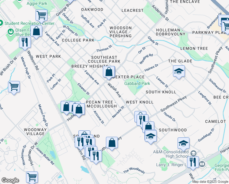 map of restaurants, bars, coffee shops, grocery stores, and more near 1115 Welsh Avenue in College Station