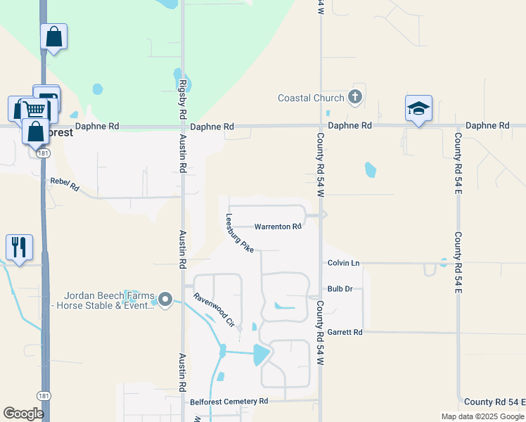 map of restaurants, bars, coffee shops, grocery stores, and more near 11099 Warrenton Road in Daphne