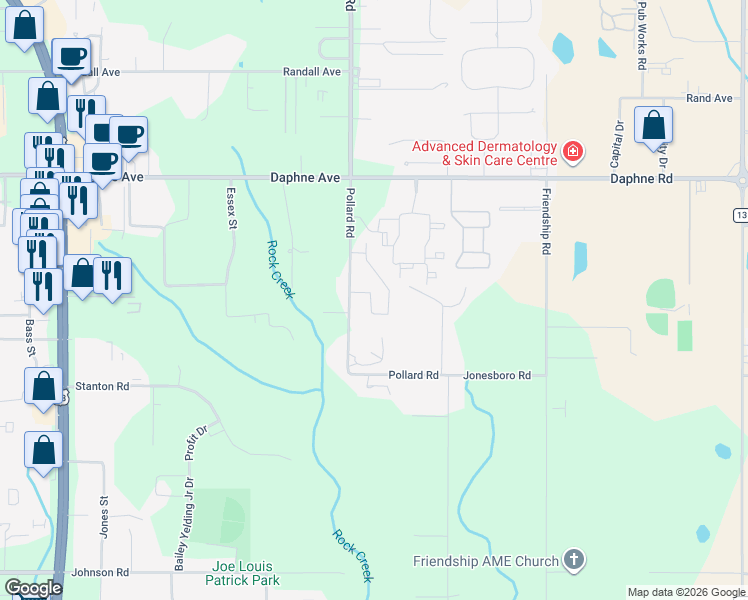 map of restaurants, bars, coffee shops, grocery stores, and more near 25738 Pollard Road in Daphne