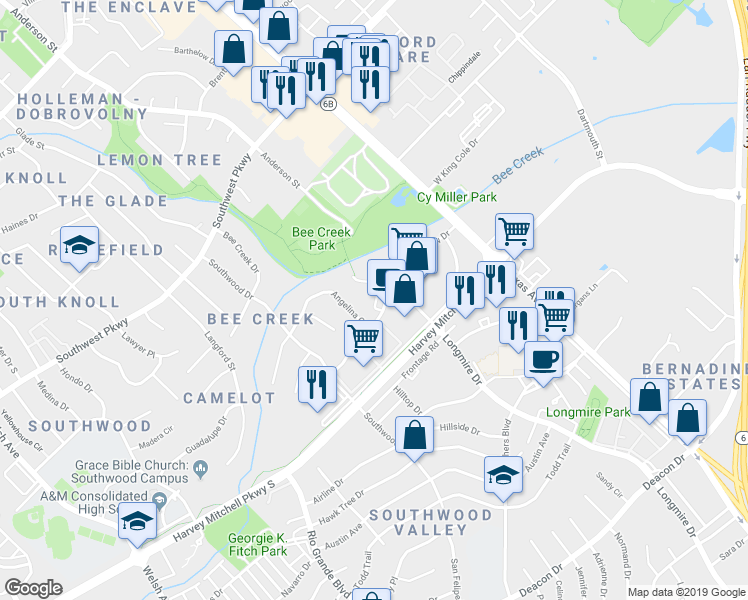 map of restaurants, bars, coffee shops, grocery stores, and more near 1601 Valley View Drive in College Station