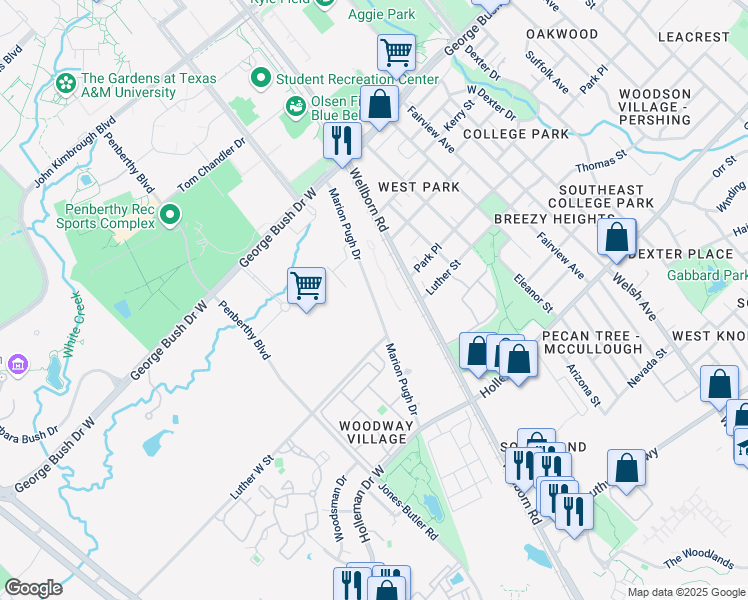 map of restaurants, bars, coffee shops, grocery stores, and more near Marion Pugh Drive in College Station